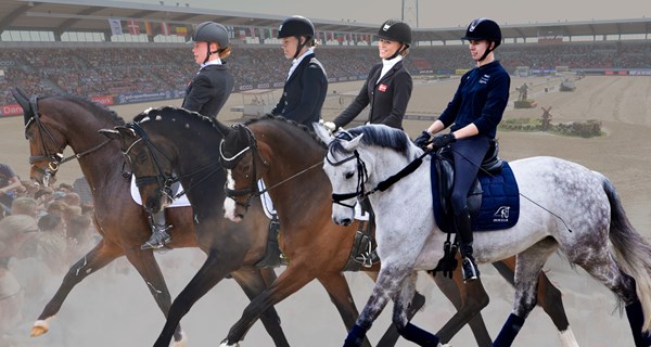 Fire danske ekvipager er klar til VM i Herning. Fra venstre: Katrine Kristensen og Quater, Nicole Johnsen og Moromax, Karla Dyhm Junge og Miss Dasiy samt Tobias Thorning Jørgensen og Jolene Hill.