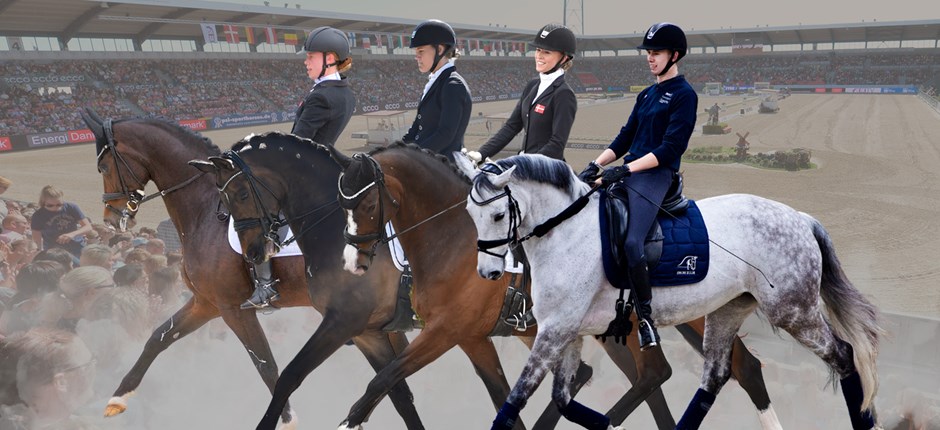 Fire danske ekvipager er klar til VM i Herning. Fra venstre: Katrine Kristensen og Quater, Nicole Johnsen og Moromax, Karla Dyhm Junge og Miss Dasiy samt Tobias Thorning Jørgensen og Jolene Hill.